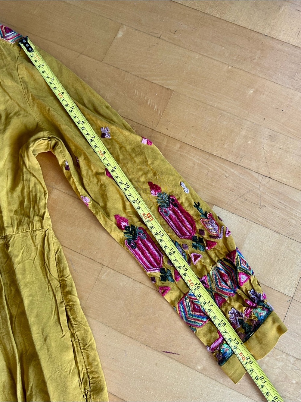Anthropologie Floreat Embroidered, Boho V-Neck Dress, Gold, Pink, Size XS - Picture 15 of 17